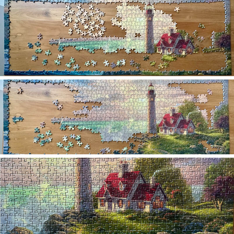 A collage of three images showing puzzle progress on a jigsaw puzzle featuring a lighthouse