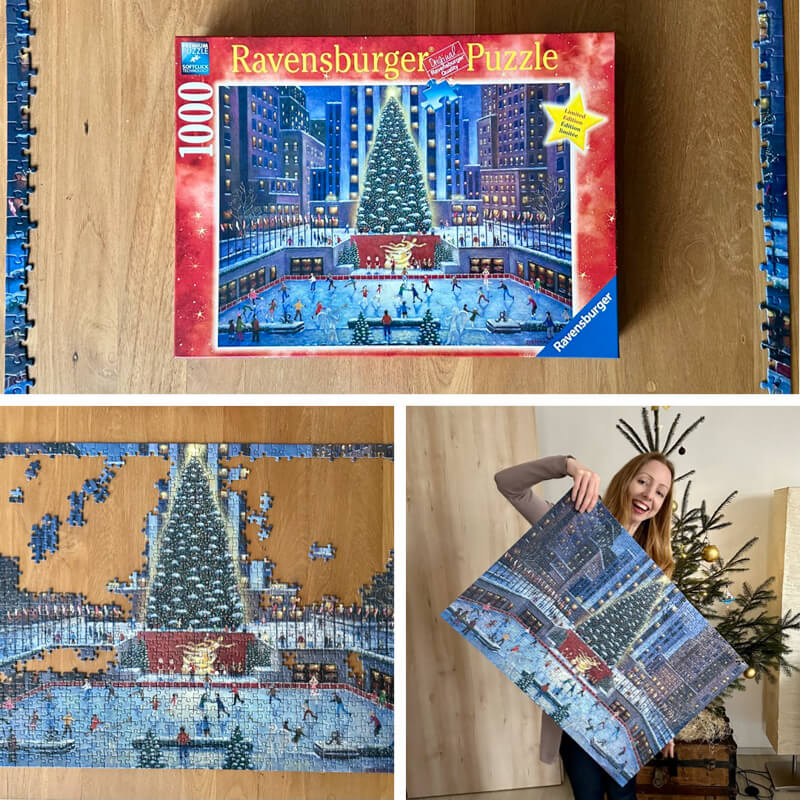 A collage of three images showing puzzle progress on a Christmas puzzle