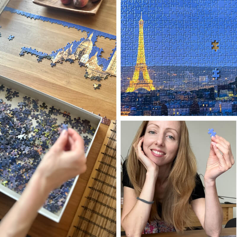 A collage of three images showing puzzle progress on a puzzle featuring Paris