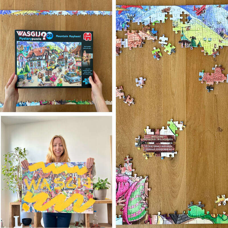 A collage of three images showing puzzle progress on a mystery jigsaw puzzle