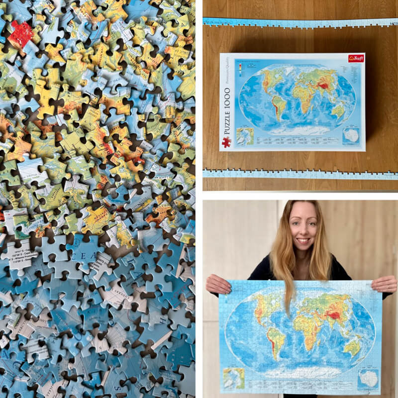 A collage of three images showing puzzle progress on a world map jigsaw puzzle