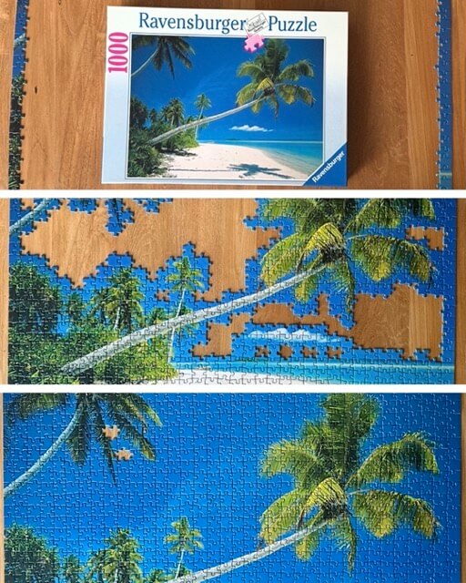 A collage of three images showing how a beach jigsaw was put together