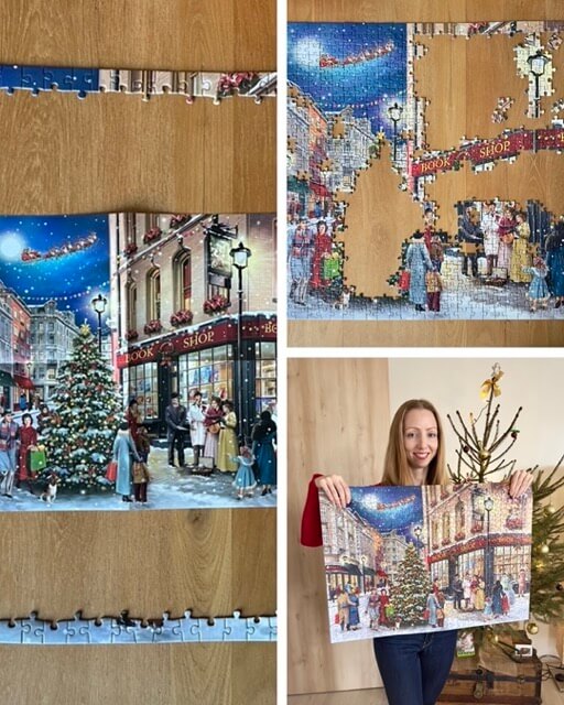 A collage of three photos showing progress on putting together a Christmas jigsaw puzzle