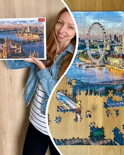 A collage of two photos - on one Veronika is showing a jigsaw puzzle box, on the other the puzzle (of London) is being put together.