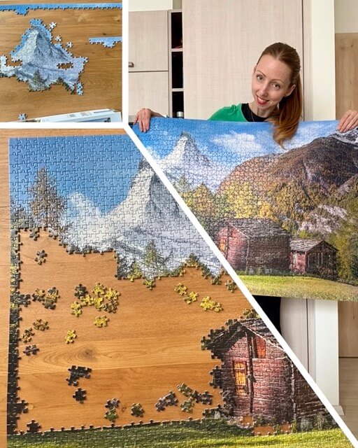 A collage of three images showing puzzle progress on a mountain jigsaw puzzle